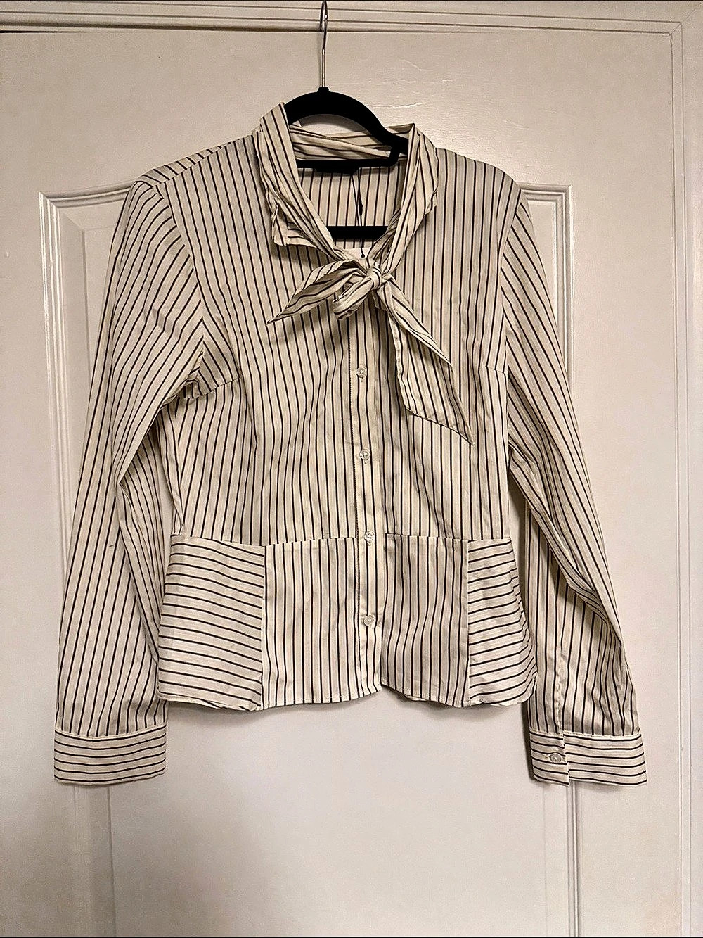 NWT- Zara Striped Shirt with Tied Detail Striped Tie-Neck Button Down Shirt Size